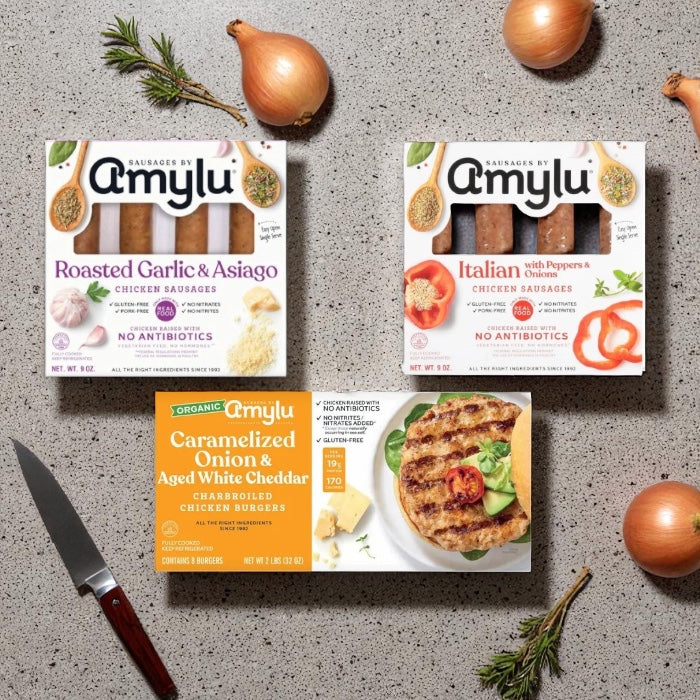 Amylu Organic Chicken Burger (32 oz, 8-Count), Amylu Roasted Garlic & Asiago Chicken Sausage - 4 CT (9 oz), Amylu Italian Chicken Sausage with Peppers & Onions (9 oz)  Bundle ( 3 Items Total )