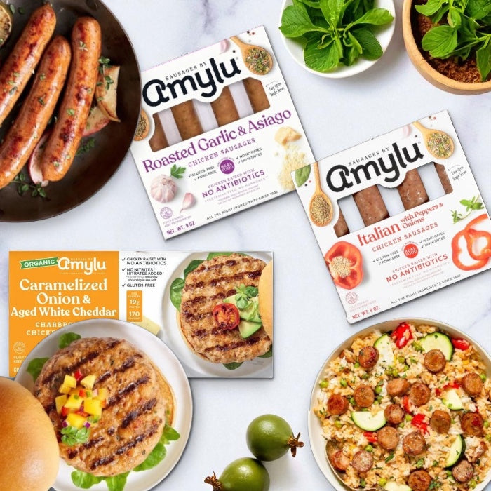 Amylu Organic Chicken Burger (32 oz, 8-Count), Amylu Roasted Garlic & Asiago Chicken Sausage - 4 CT (9 oz), Amylu Italian Chicken Sausage with Peppers & Onions (9 oz)  Bundle ( 3 Items Total )