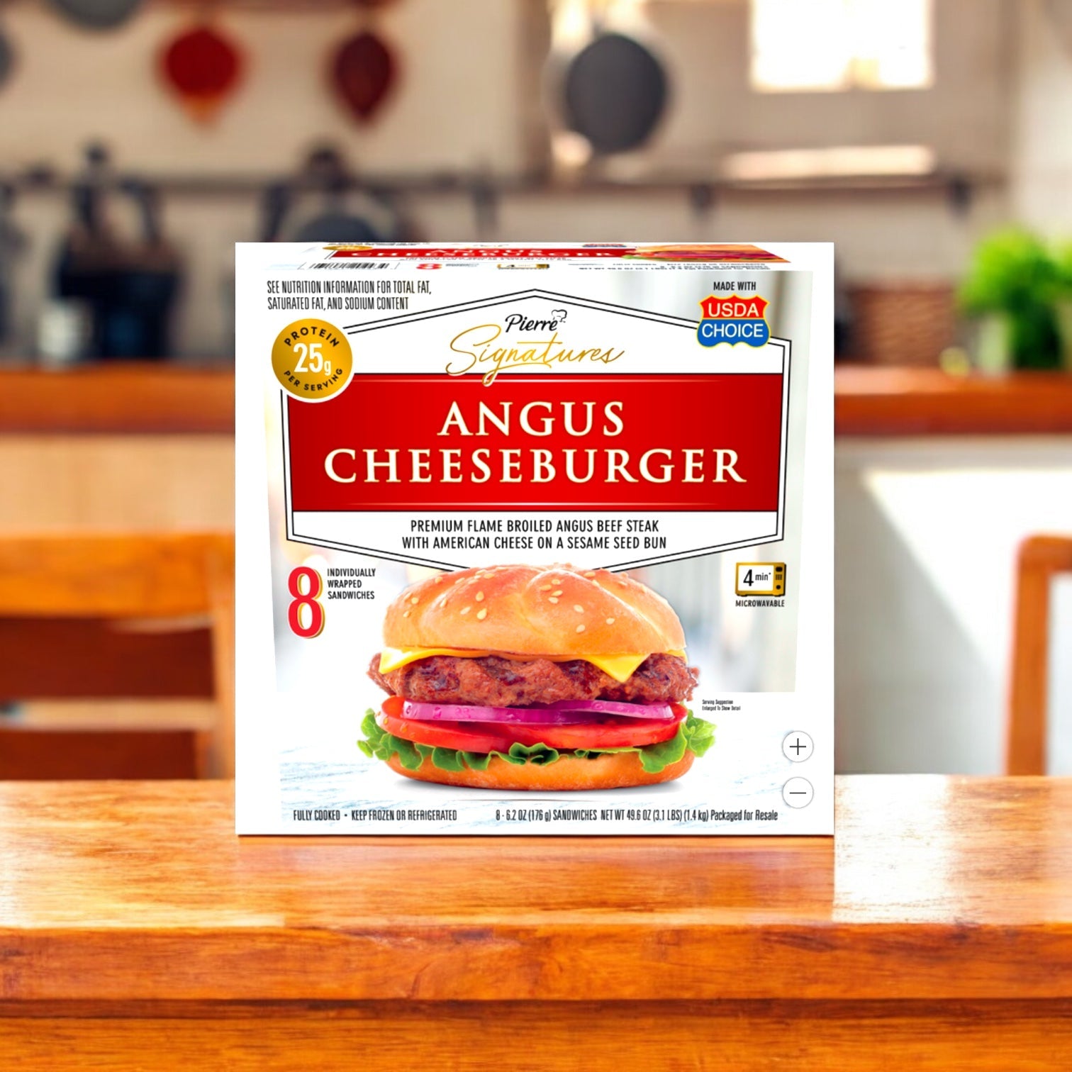 A box of Tyson Pierre Signature Angus Cheeseburger 8 Count, 1 Pack rests on a wooden kitchen surface, showing product details and an image of an individually wrapped cheeseburger on the packaging.