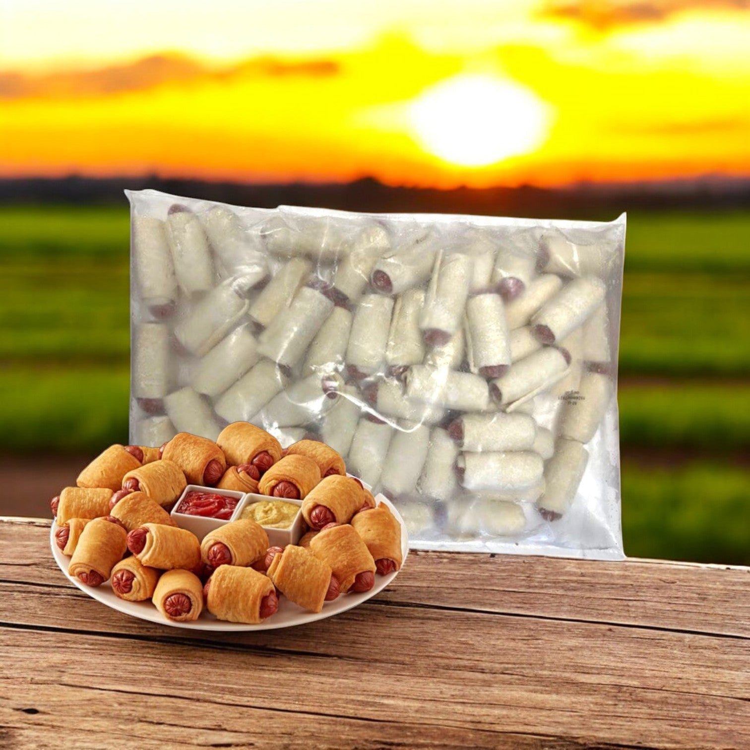 A platter of Sysco Classic Pig In A Blanket!-Frank In Puff Pastry sits on a wooden surface, alongside a large sealed bag with more. A sunset over a grassy field adds warmth to this picturesque scene, ideal for events.
