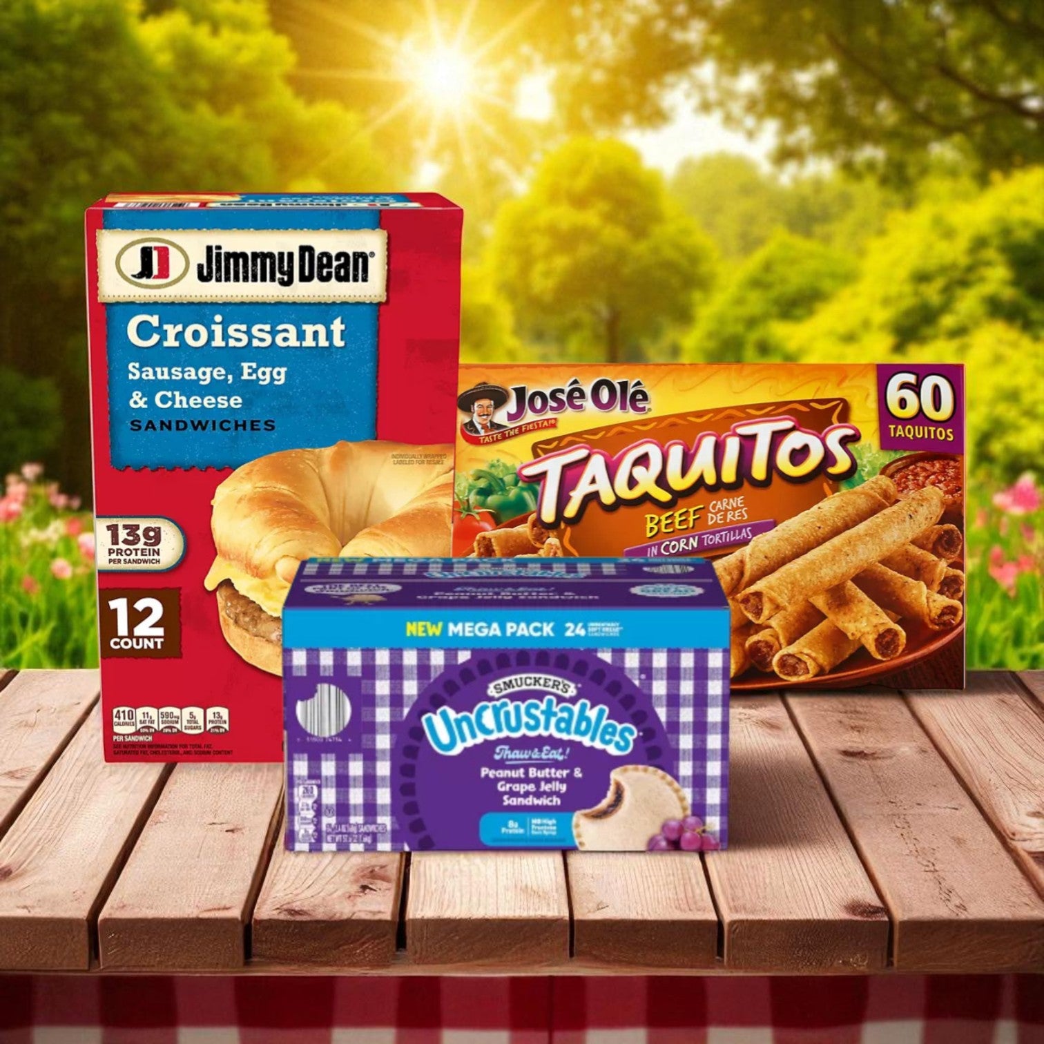The College Food Box—Breakfast Sandwiches, PB&Js & Taquitos! from Endless Market is displayed outdoors on a wooden surface in bright sunlight.