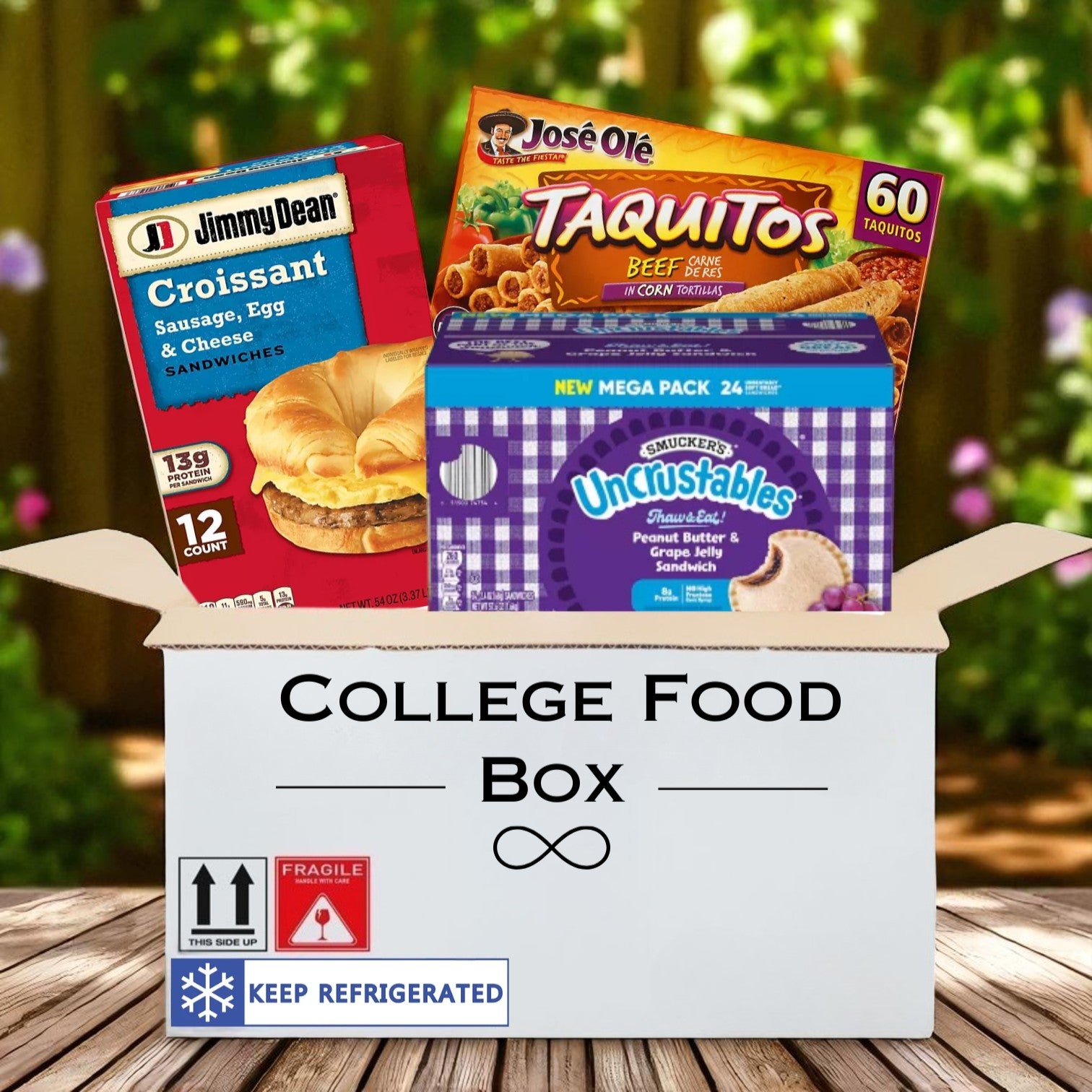 The Endless Market College Food Box includes breakfast sandwiches, PB&Js, and taquitos—perfect for stocking up on freezer favorites!.