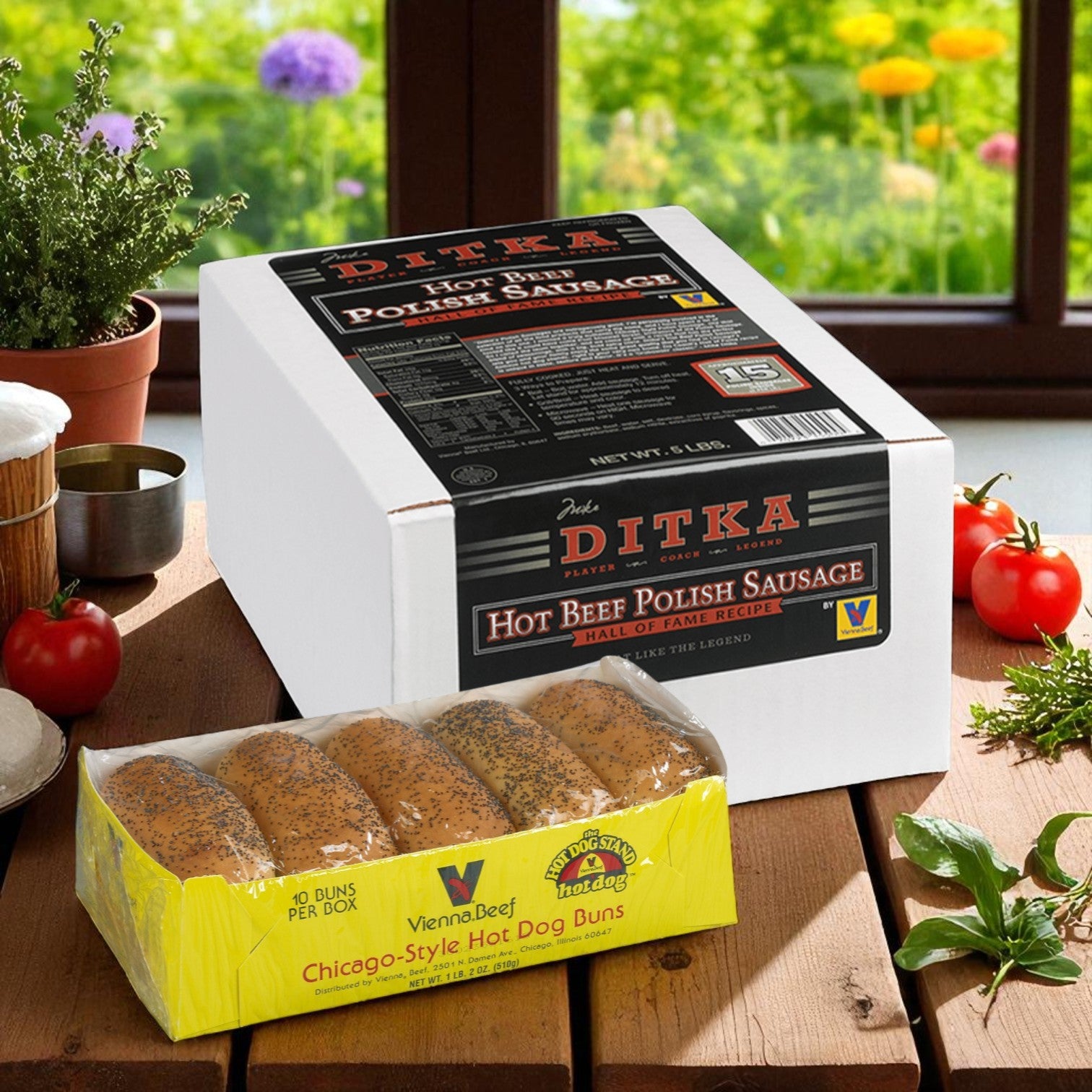 The Vienna Beef Ditka’s Hot Polish Sausage & Poppy Seed Bun Pack sits on a wooden table with fresh veggies and condiments, perfect for crafting authentic Chicago-style hot dogs at home.