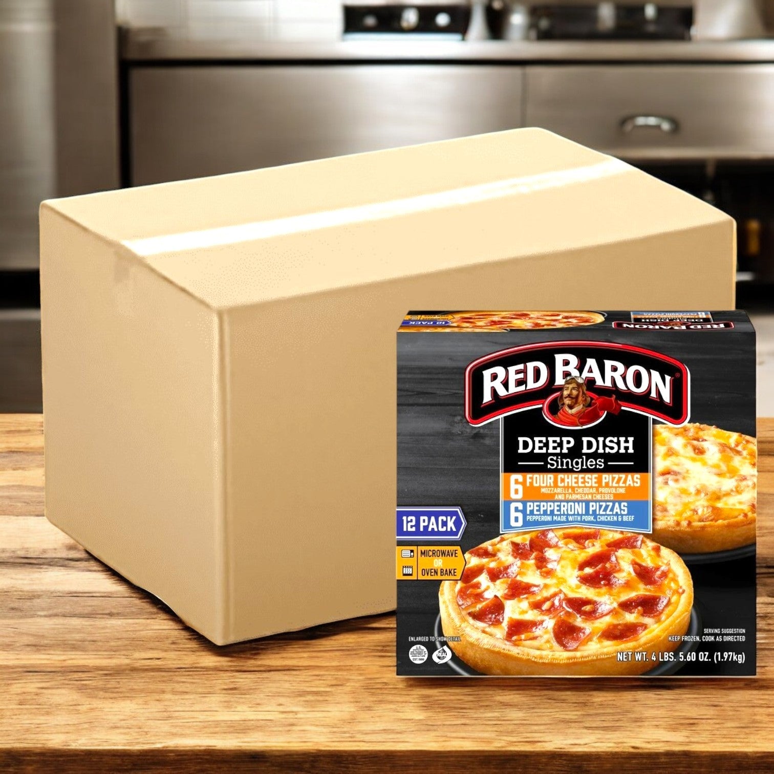 A cardboard box and a Red Baron Frozen Pizza Deep Dish Singles case with 4 packs (totaling 48 pizzas) featuring pepperoni and four cheese flavors with a crispy thick crust are displayed on a wooden surface.