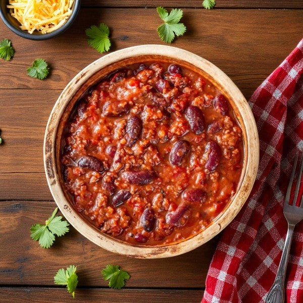 A bowl of Blount Frozen Beef Chili with Beans by Blount Fine Foods sits on a wooden table, garnished with cilantro and served with shredded cheese, next to a fork and red checkered napkin. This hearty chili comes ready to heat and serve in 2 packs, 4 lbs each.