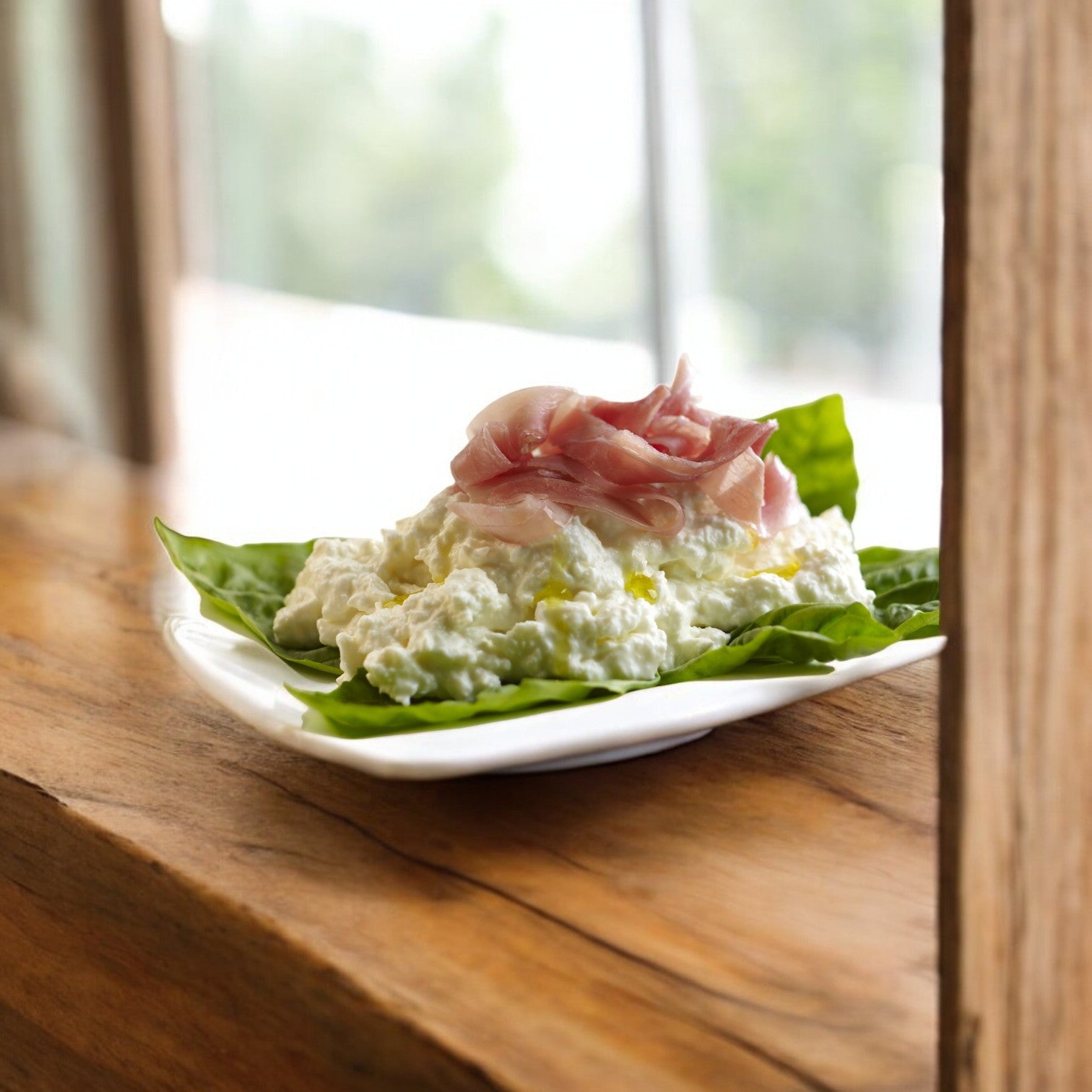 A cup of BelGioioso Mozzarella Stracciatella, with its creamy texture akin to fresh cow’s milk delights, is nestled among slices of prosciutto on green leaves, set on a wooden ledge near a window.