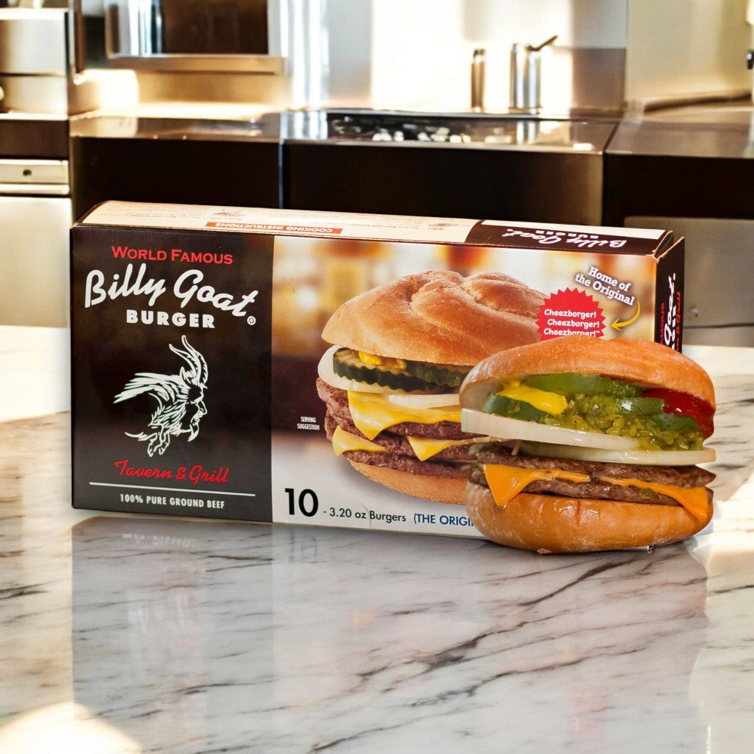 A box of Billy Goat Tavern Burger sits on the counter, featuring a tempting Cheezborger image. The box includes ten Chicago-style burgers, each 3.20 oz, labeled as 100% pure ground beef from the Billy Goat brand.