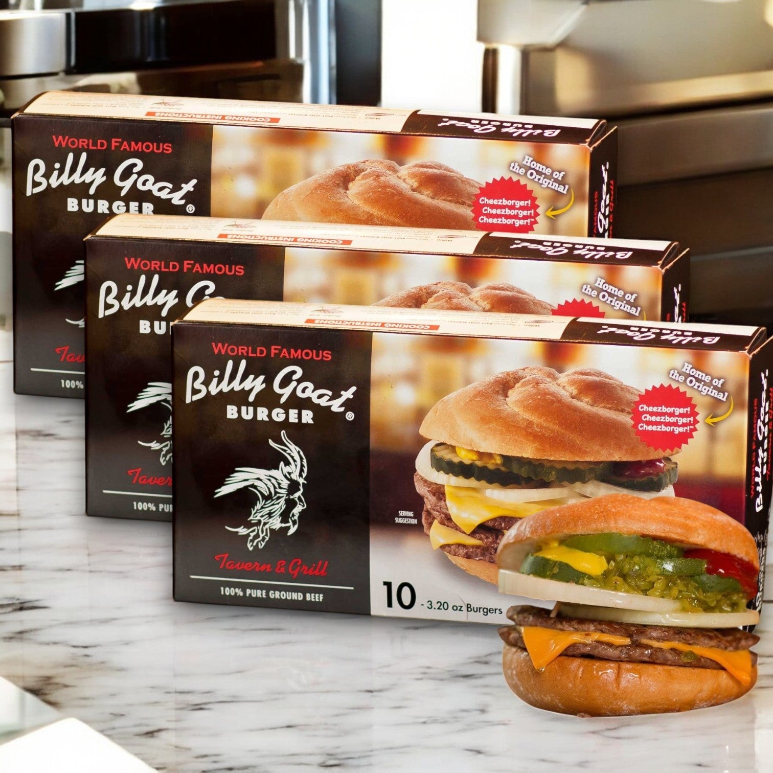 Three boxes of Billy Goat Tavern Burger – 30 Count sit on a marble countertop, each featuring a juicy Cheezborger. The packaging highlights 100% pure ground beef, capturing the iconic taste of Chicago’s Billy Goat Tavern with an enticing serving suggestion.