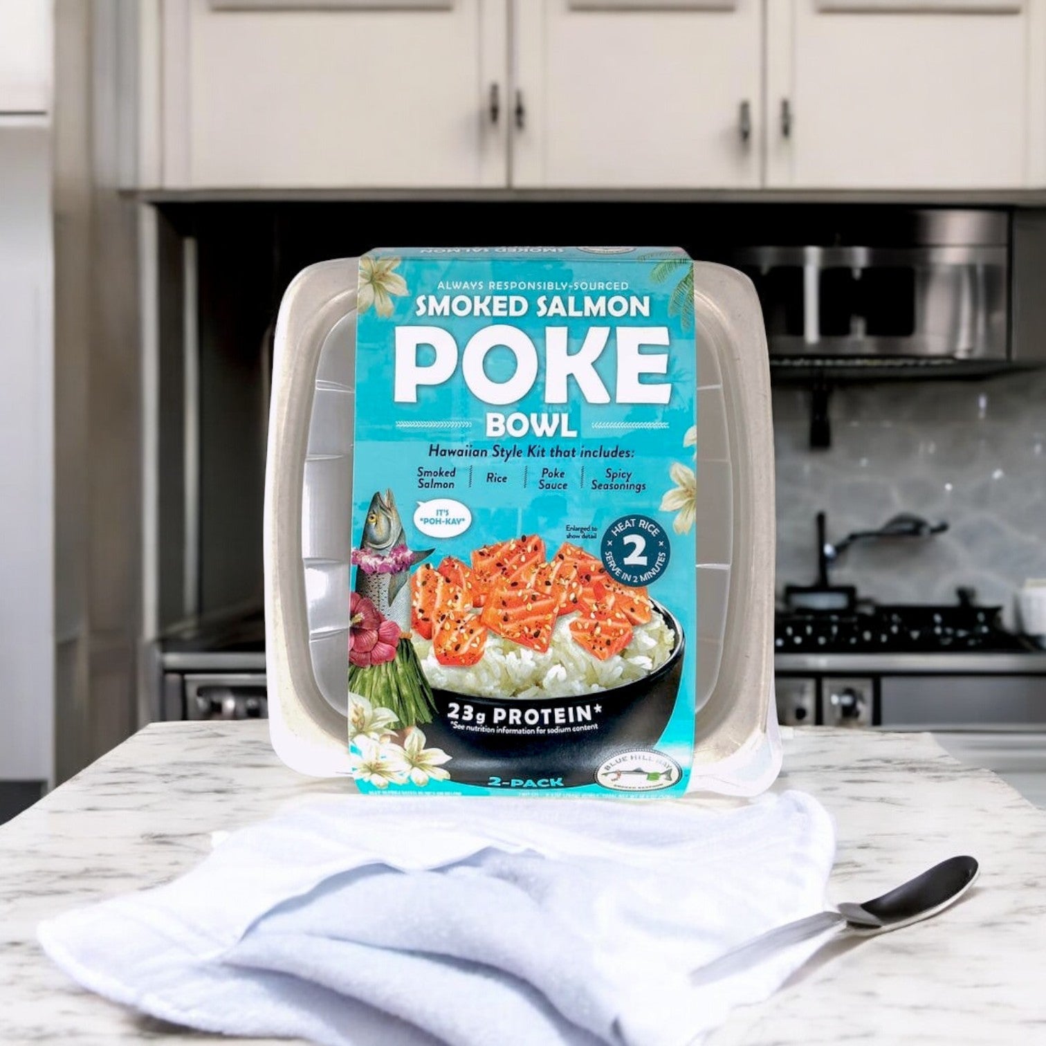 Ready-to-eat on your kitchen counter is the Blue Hill Bay Smoked Salmon Poke Bowl kit, offering a Hawaiian-style meal with 23g of protein. This 9.3 oz, 2-count package includes all ingredients for a gourmet seafood feast delivered to your door!.