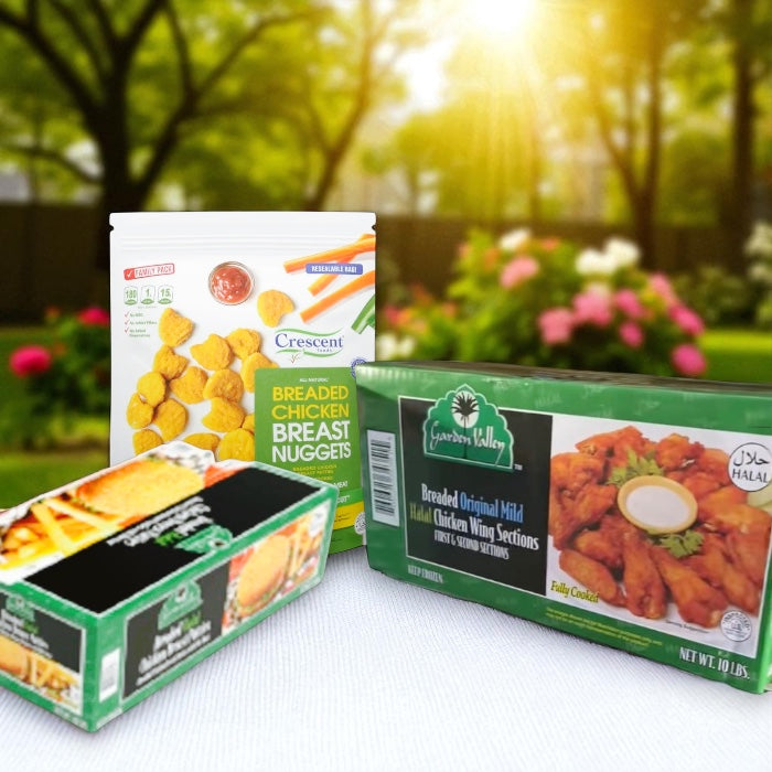 Halal Chicken Breast Nuggets (3 lbs), Halal Chicken Breast Patties (10 lbs), Halal Chicken Wings (5 lbs) Favorites Combo (3 Items Total)
