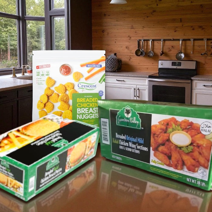 Halal Chicken Breast Nuggets (3 lbs), Halal Chicken Breast Patties (10 lbs), Halal Chicken Wings (5 lbs) Favorites Combo (3 Items Total)