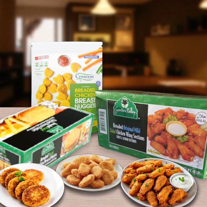 Halal Chicken Breast Nuggets (3 lbs), Halal Chicken Breast Patties (10 lbs), Halal Chicken Wings (5 lbs) Favorites Combo (3 Items Total)