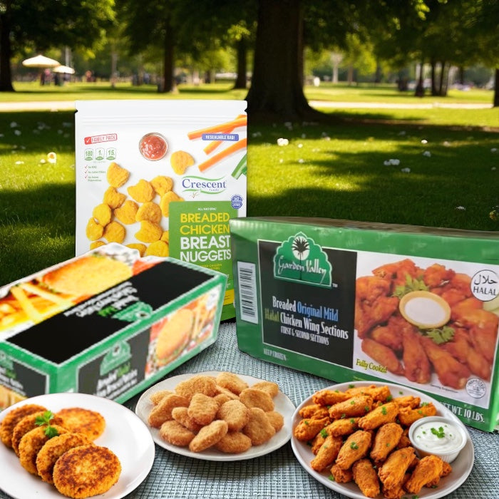 Halal Chicken Breast Nuggets (3 lbs), Halal Chicken Breast Patties (10 lbs), Halal Chicken Wings (5 lbs) Favorites Combo (3 Items Total)