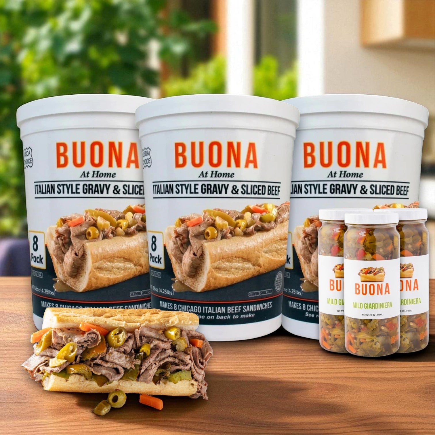 The Endless Market Buona Chicago Beef & Giardiniera Combo Pack, featuring three 68 oz tubs of Italian Style Gravy with Sliced Beef and three 16 oz jars of Mild Giardiniera, is displayed next to a classic Chicago beef sandwich.
