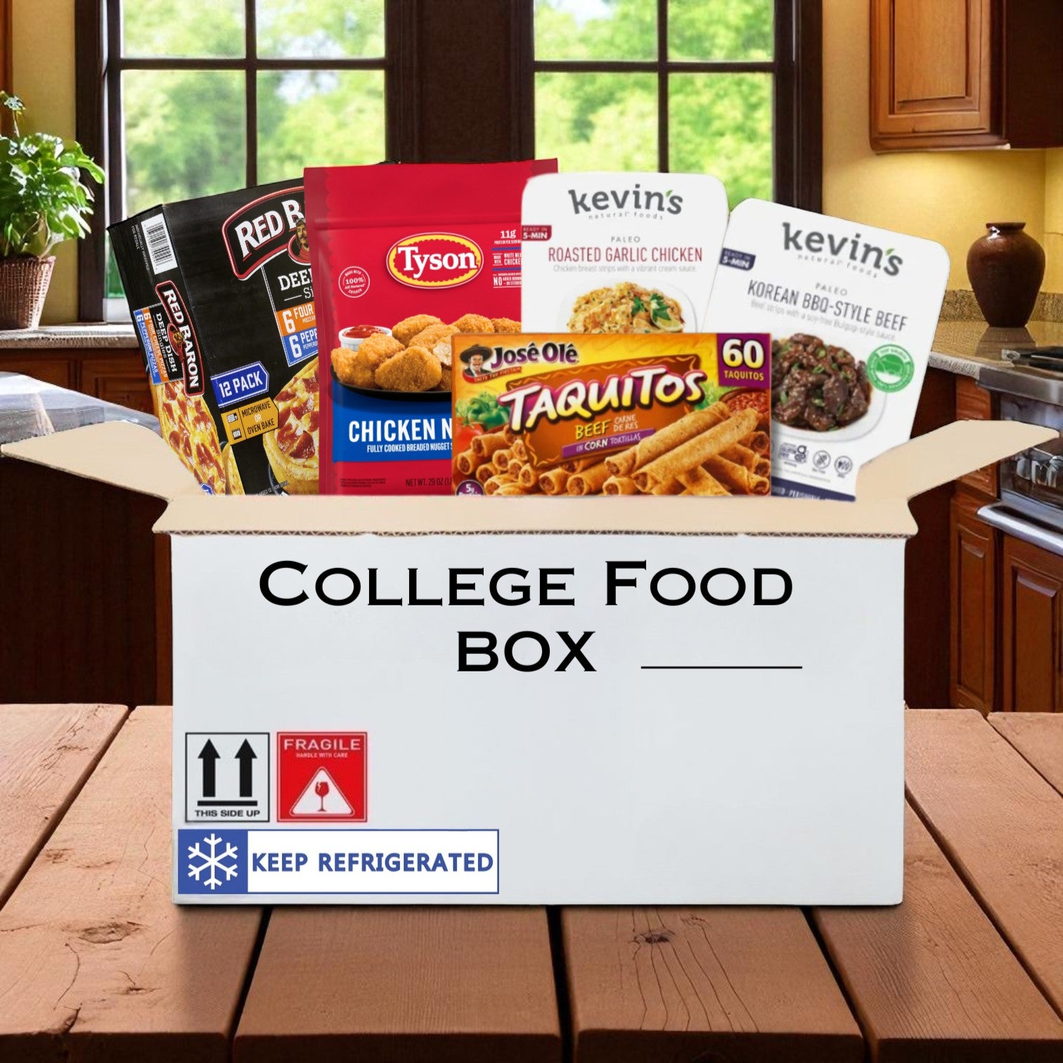 College Food Box - 12 Red Baron Pizzas, 60 Beef Taquitos, 16 oz Kevin’