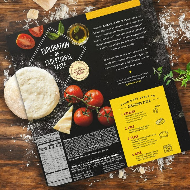 The back cover of the California Pizza Kitchen Bundles pizza box features images of a dough ball, tomatoes, and cheese, alongside highlighted steps in yellow for baking thin crust pizzas. Experience gourmet flavors that bring the taste of California Pizza Kitchen right into your home with these bundles, including 2 BBQ Chicken, 2 White Thin, and 2 Margherita Thin Crust pizzas.