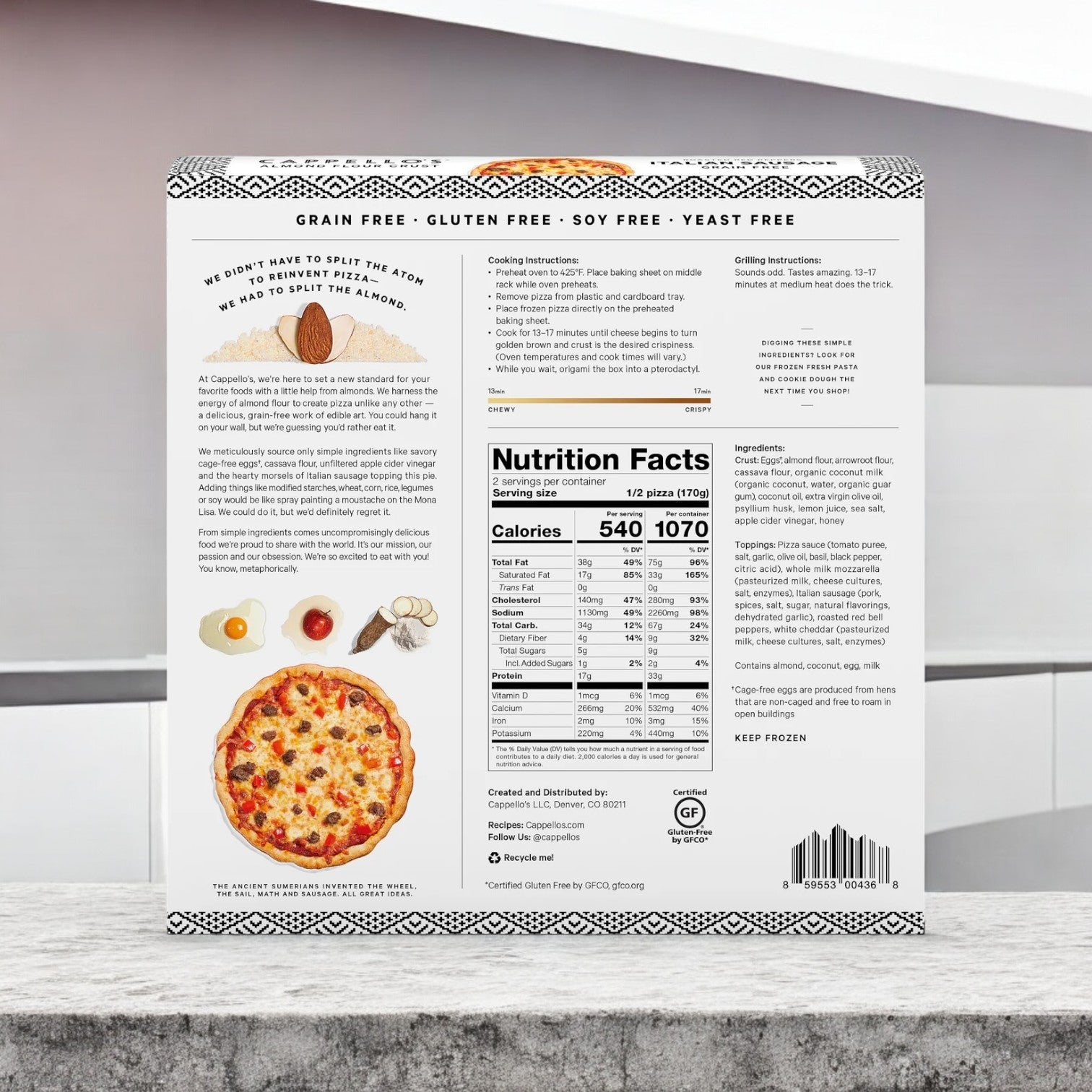 The Cappello's 3 Pack Pizza Combo box displays nutrition facts and cooking instructions, emphasizing non-GMO, grain-free crust, and no gluten, soy, or yeast. It features a cooked pizza with fresh toppings for the ultimate pizza experience.