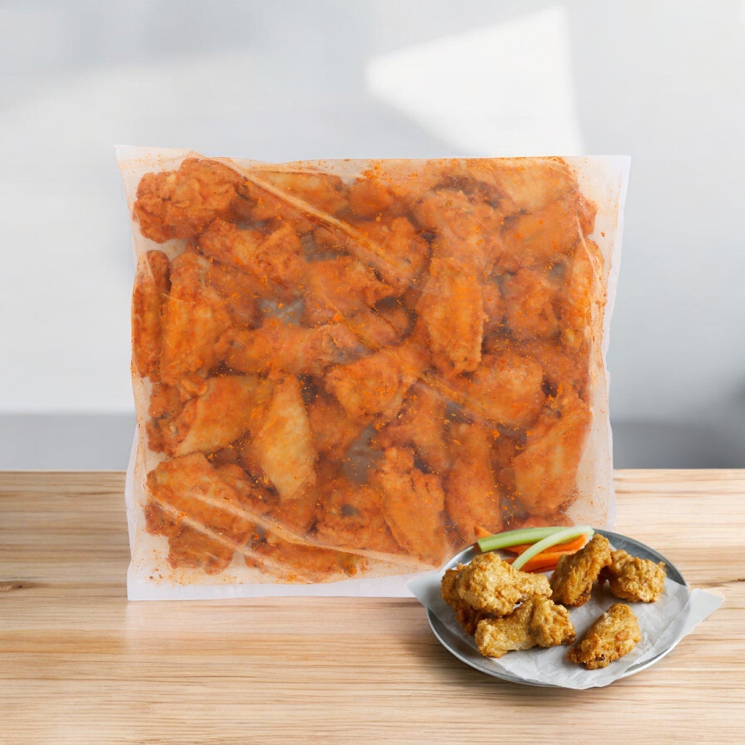 On a wooden surface, a clear plastic bag of Sysco Classic Chicken Wing Fire Pre-Cooked 1st & 2nd Joints Large sits beside a small plate of spicy wings and sliced vegetables.