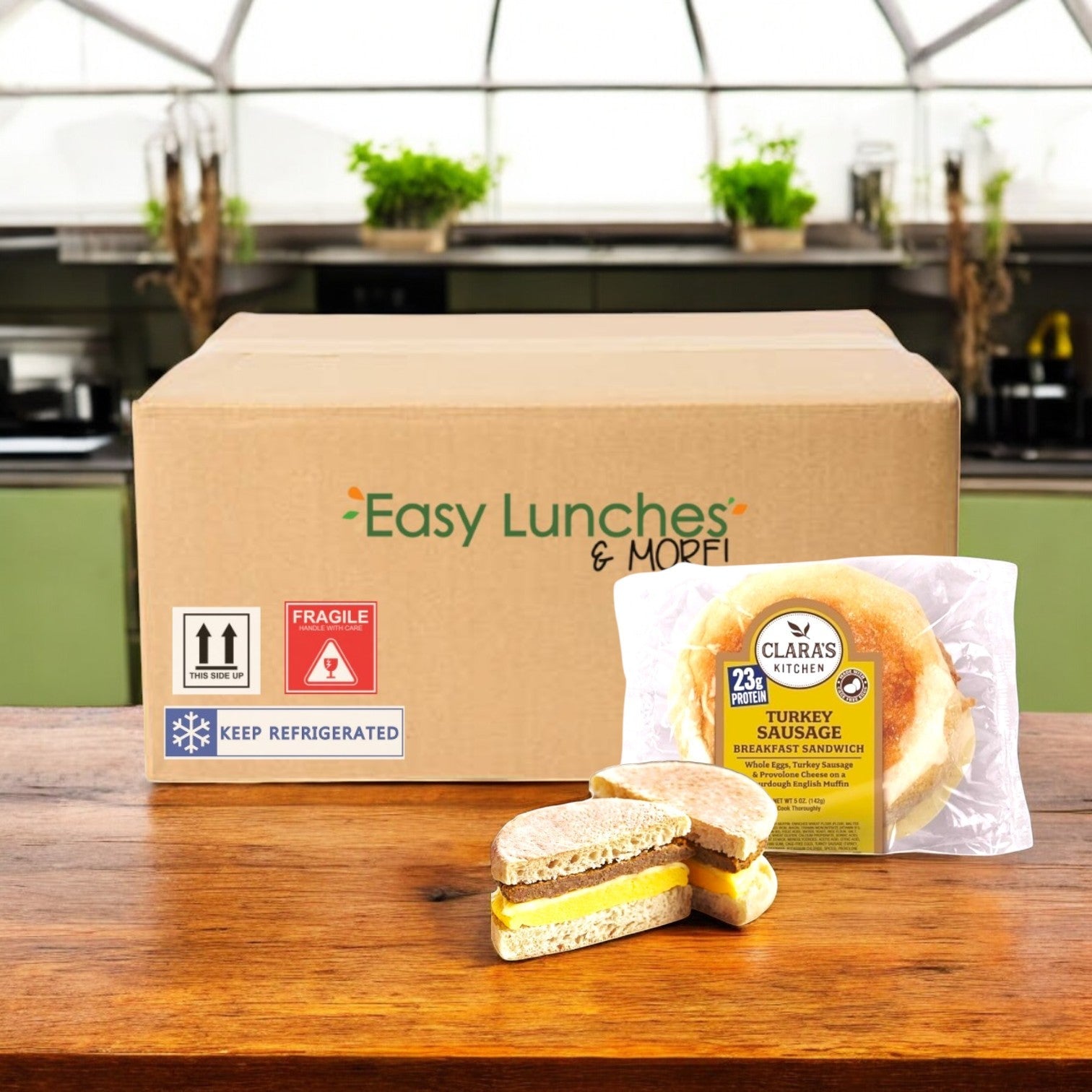 A "Clara's Kitchen" box on the counter showcases their 5 oz. individually packaged Turkey Sausage Breakfast Sandwich, perfect for easy lunches and more!.