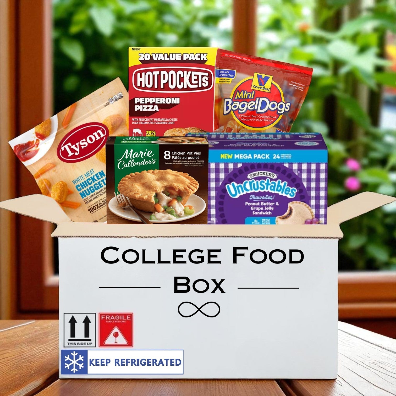 The Endless Market College Food Box – Campus-Friendly Meal & Snack Kit features frozen Hot Pockets, Mini Bagel Dogs, Tyson Chicken Nuggets, Marie Callender's pot pie, and Uncrustables—convenient snacks and meals for students.