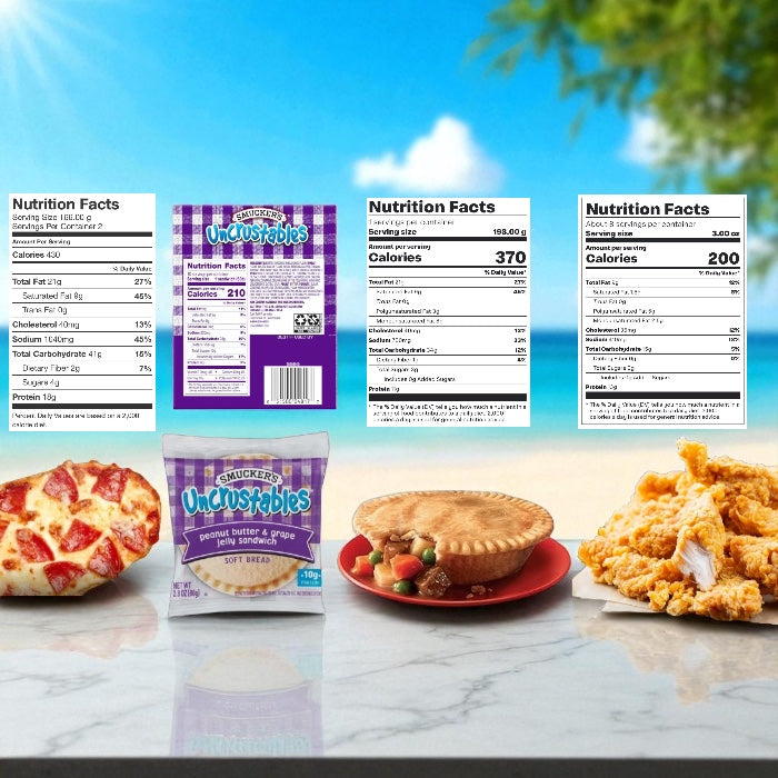 College Food Box - 1 Stouffer’s Pepperoni French Bread Pizza, 1 Smucker’s Uncrustables Peanut Butter & Grape Jelly – 24 count, 2 Banquet Chicken Pot Pie (2 individual pies), 1 Tyson Fully Cooked Crispy Chicken Strips – 25 oz - 5 items