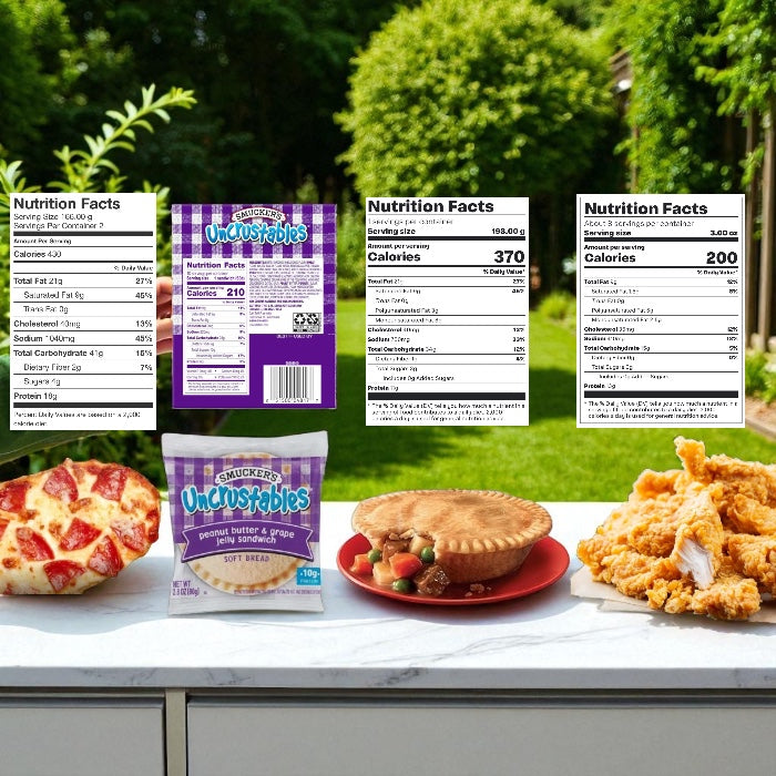 College Food Box - 1 Stouffer’s Pepperoni French Bread Pizza, 1 Smucker’s Uncrustables Peanut Butter & Grape Jelly – 24 count, 2 Banquet Chicken Pot Pie (2 individual pies), 1 Tyson Fully Cooked Crispy Chicken Strips – 25 oz - 5 items