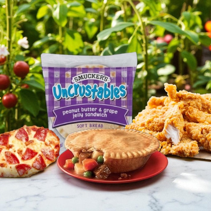 College Food Box - 1 Stouffer’s Pepperoni French Bread Pizza, 1 Smucker’s Uncrustables Peanut Butter & Grape Jelly – 24 count, 2 Banquet Chicken Pot Pie (2 individual pies), 1 Tyson Fully Cooked Crispy Chicken Strips – 25 oz - 5 items
