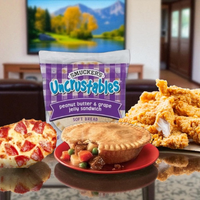 College Food Box - 1 Stouffer’s Pepperoni French Bread Pizza, 1 Smucker’s Uncrustables Peanut Butter & Grape Jelly – 24 count, 2 Banquet Chicken Pot Pie (2 individual pies), 1 Tyson Fully Cooked Crispy Chicken Strips – 25 oz - 5 items