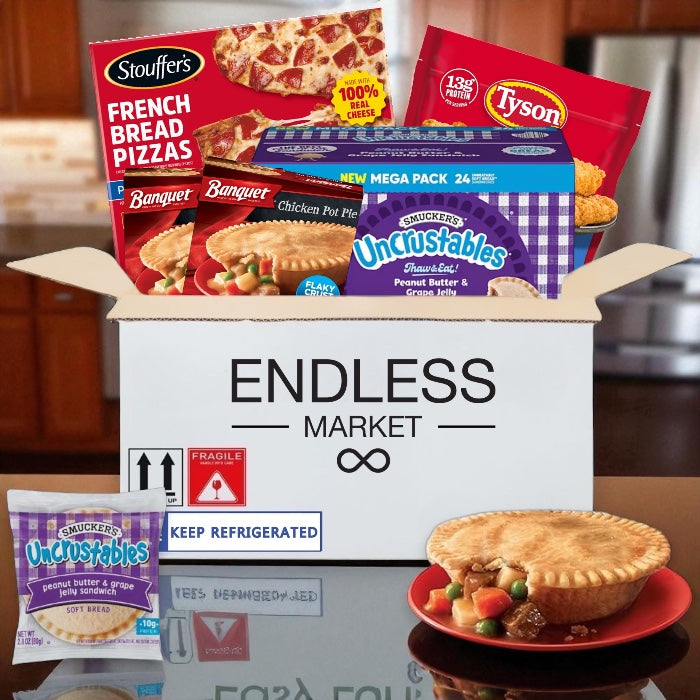 College Food Box - 1 Stouffer’s Pepperoni French Bread Pizza, 1 Smucker’s Uncrustables Peanut Butter & Grape Jelly – 24 count, 2 Banquet Chicken Pot Pie (2 individual pies), 1 Tyson Fully Cooked Crispy Chicken Strips – 25 oz - 5 items