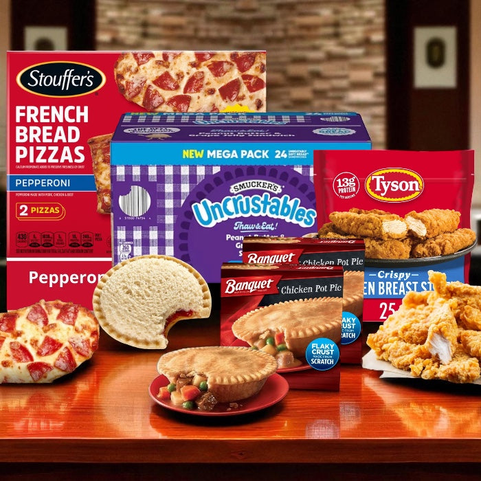 College Food Box - 1 Stouffer’s Pepperoni French Bread Pizza, 1 Smucker’s Uncrustables Peanut Butter & Grape Jelly – 24 count, 2 Banquet Chicken Pot Pie (2 individual pies), 1 Tyson Fully Cooked Crispy Chicken Strips – 25 oz - 5 items