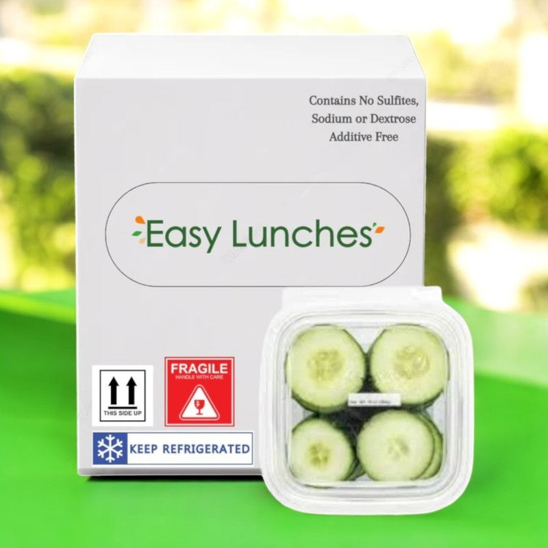 A box labeled "Easy Lunches" contains a pack of hydrating Sliced Cucumbers (2.5 oz., 100 count, made to order, with a 7-day shelf life). The box features "fragile" and "keep refrigerated" symbols, ideal for quick meal planning.
