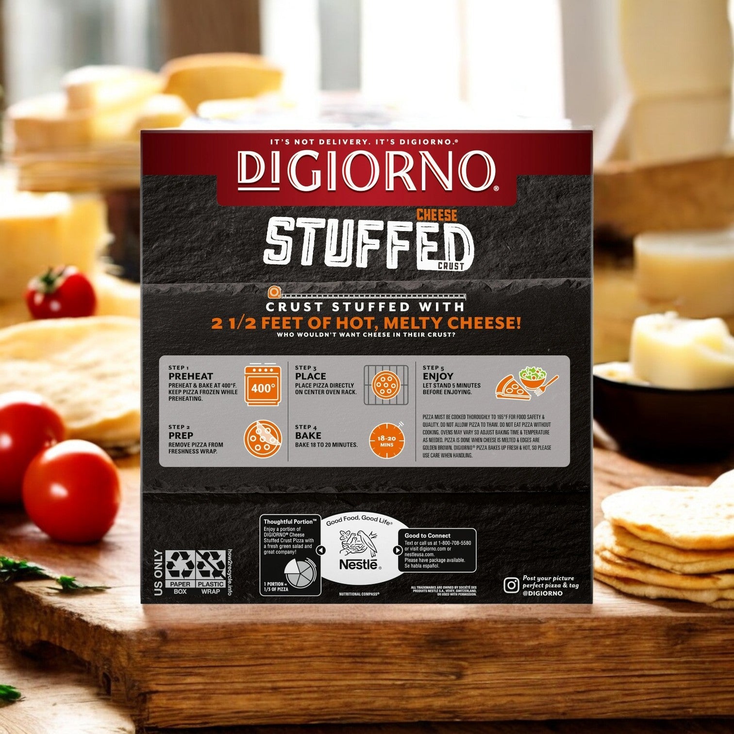 A DiGiorno Pepperoni Frozen Pizza with Cheese Stuffed Crust – 22.2 oz is on a wooden table, accompanied by fresh tomatoes and mozzarella. The packaging boasts of its crust filled with 2 1/2 feet of gooey cheese indulgence.