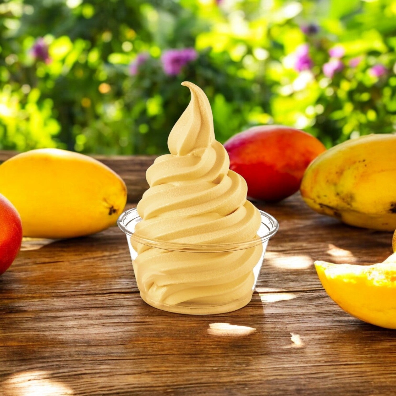 A cup of mango soft serve ice cream, crafted from Dole Soft Serve Mix Mango, sits invitingly on a wooden table. Ripe mangoes enhance the scene against a verdant floral backdrop, embodying tropical flavor delight.