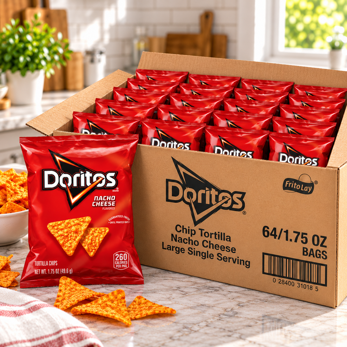 Doritos Nacho Cheese Tortilla Chips – 64 × 1.75 oz Large Single-Serve Bags (1 CASE)