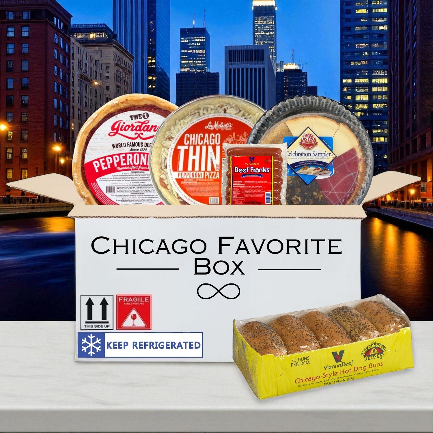 Chicago’s Food Box- 2 Pizzas, Hot Dogs, Buns and Cheese Cake Sampler!