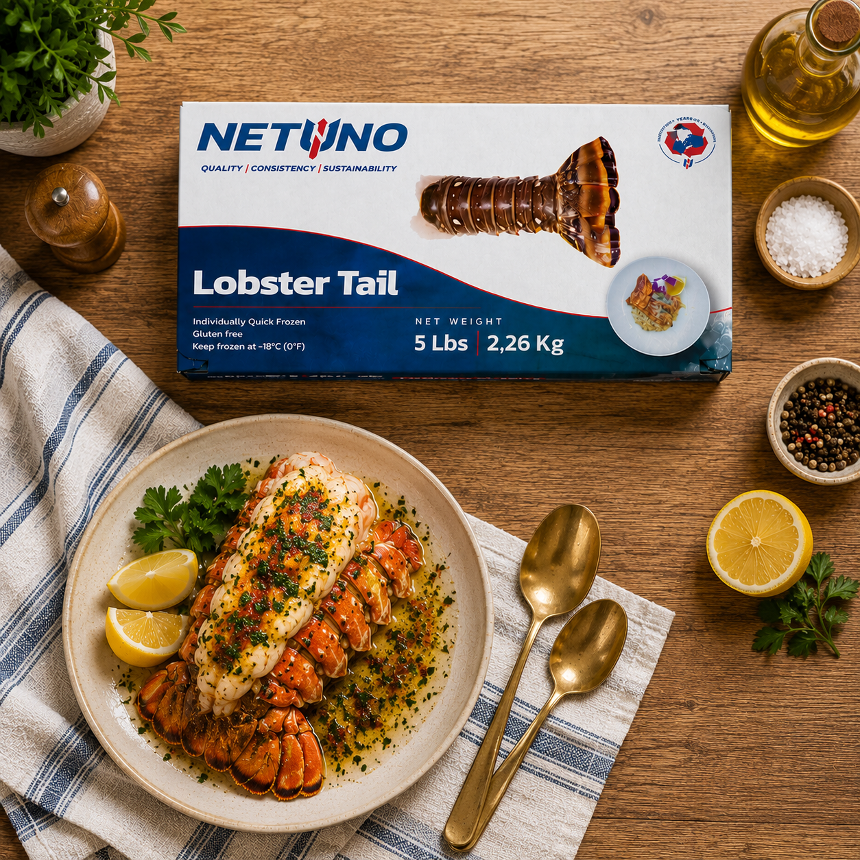 NETUNO Caribbean Lobster Tails – Deveined, Flash Frozen, 6 oz Each, 5 lb Box, 1 Case