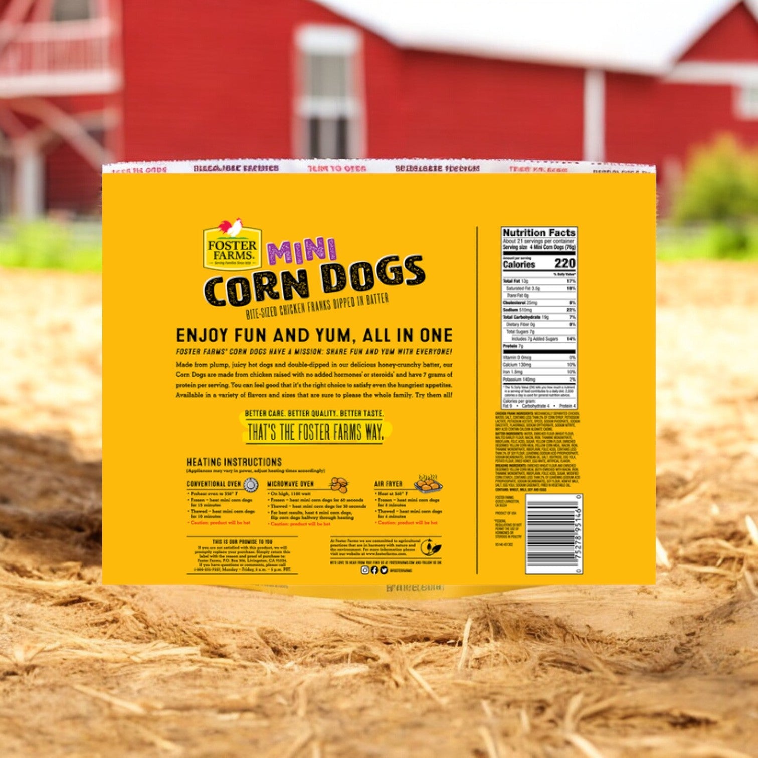 A bag of Foster Farms Corn Dogs, Mini, Honey Crunchy stands on a dirt path with a red barn in the background. The yellow packaging, reminiscent of crispy chicken wings drenched in spicy buffalo sauce, displays nutrition facts and heating instructions.