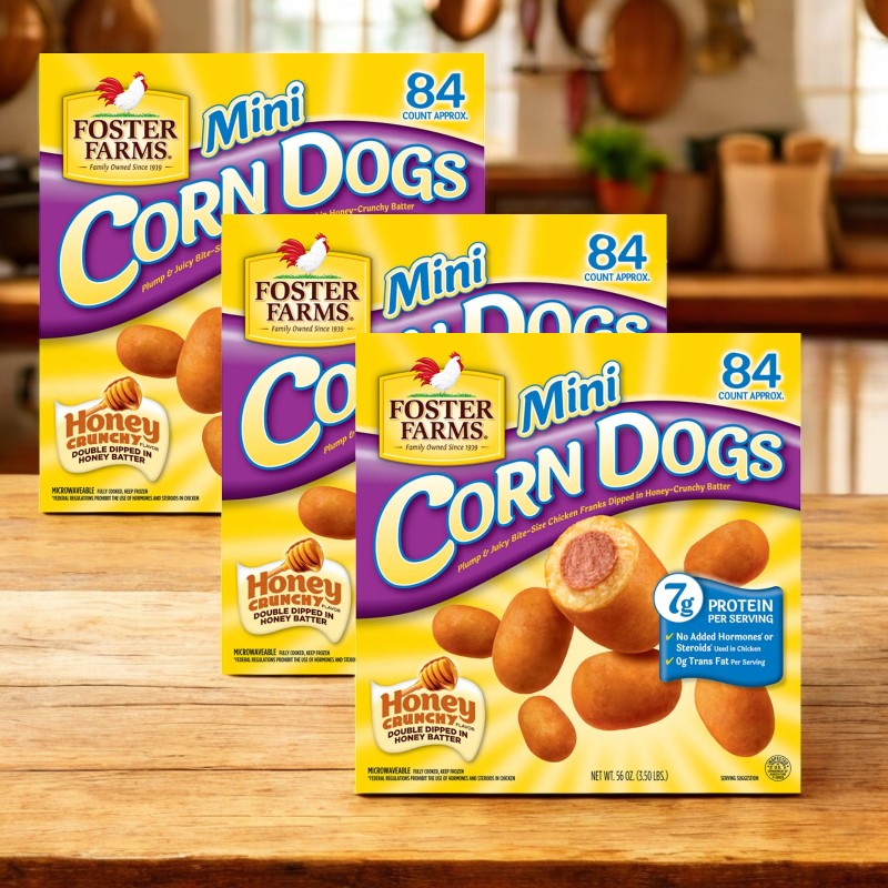 Three bags of Foster Farms Mini Corn Dogs are on a kitchen counter, ideal for family meals. Each bag includes 84 pieces, showcasing an irresistible honey crunchy flavor and 7g protein per serving.