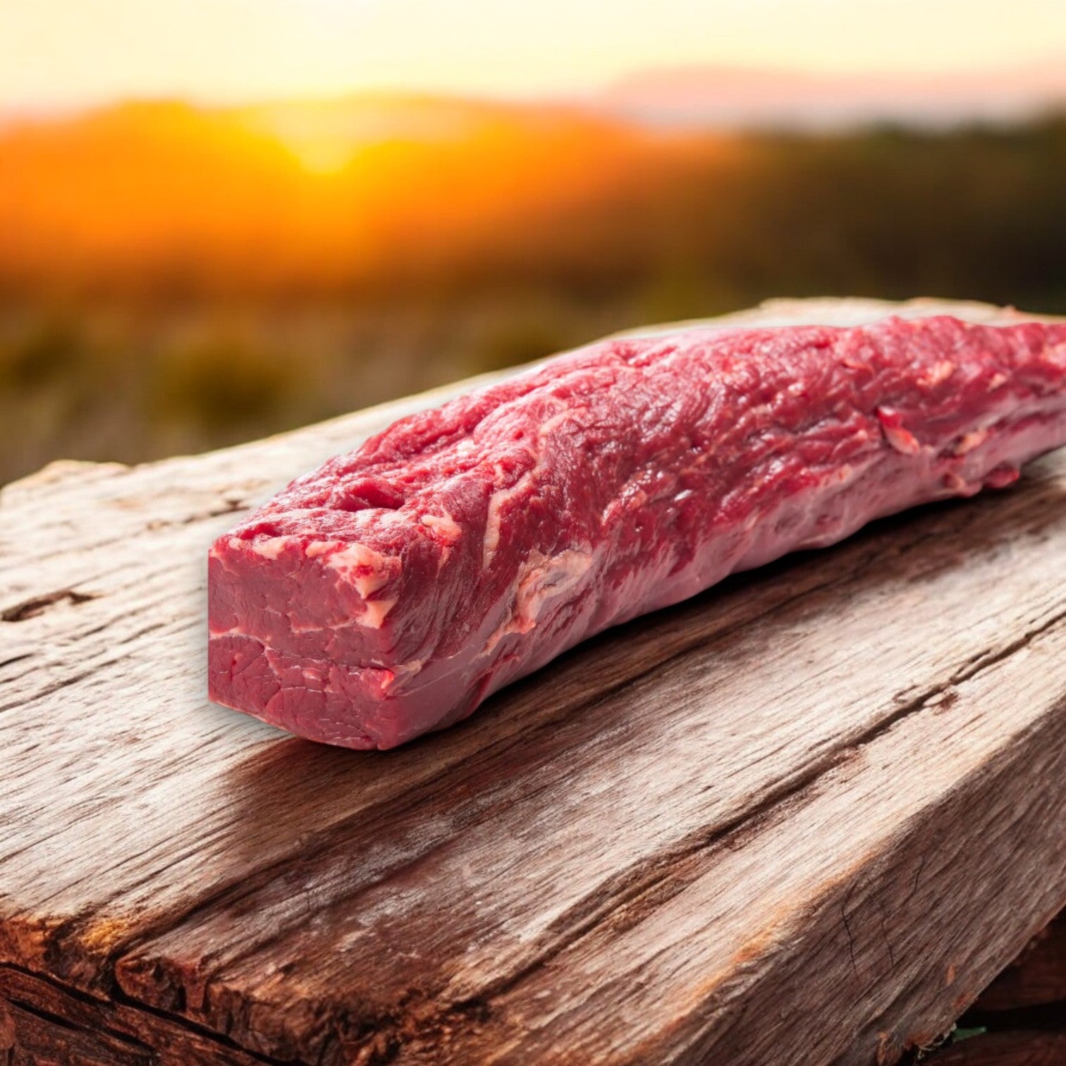 A premium Halal Beef Tenderloin, 6 lb Avg by Silver Fern Farms, is displayed on a wooden surface with an elegant blurred sunset backdrop.
