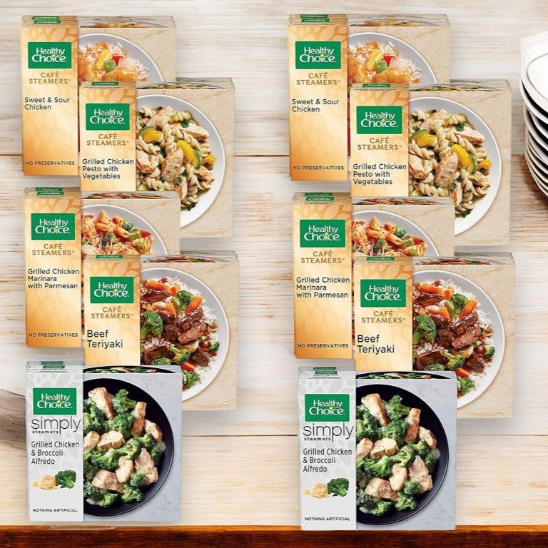 The Healthy Choice Meals Bundle includes 10 nutritious meals like Sweet & Sour Chicken, Grilled Chicken Marinara, and Beef Teriyaki. Conveniently displayed on a wooden surface, they offer delectable meal solutions at your leisure.