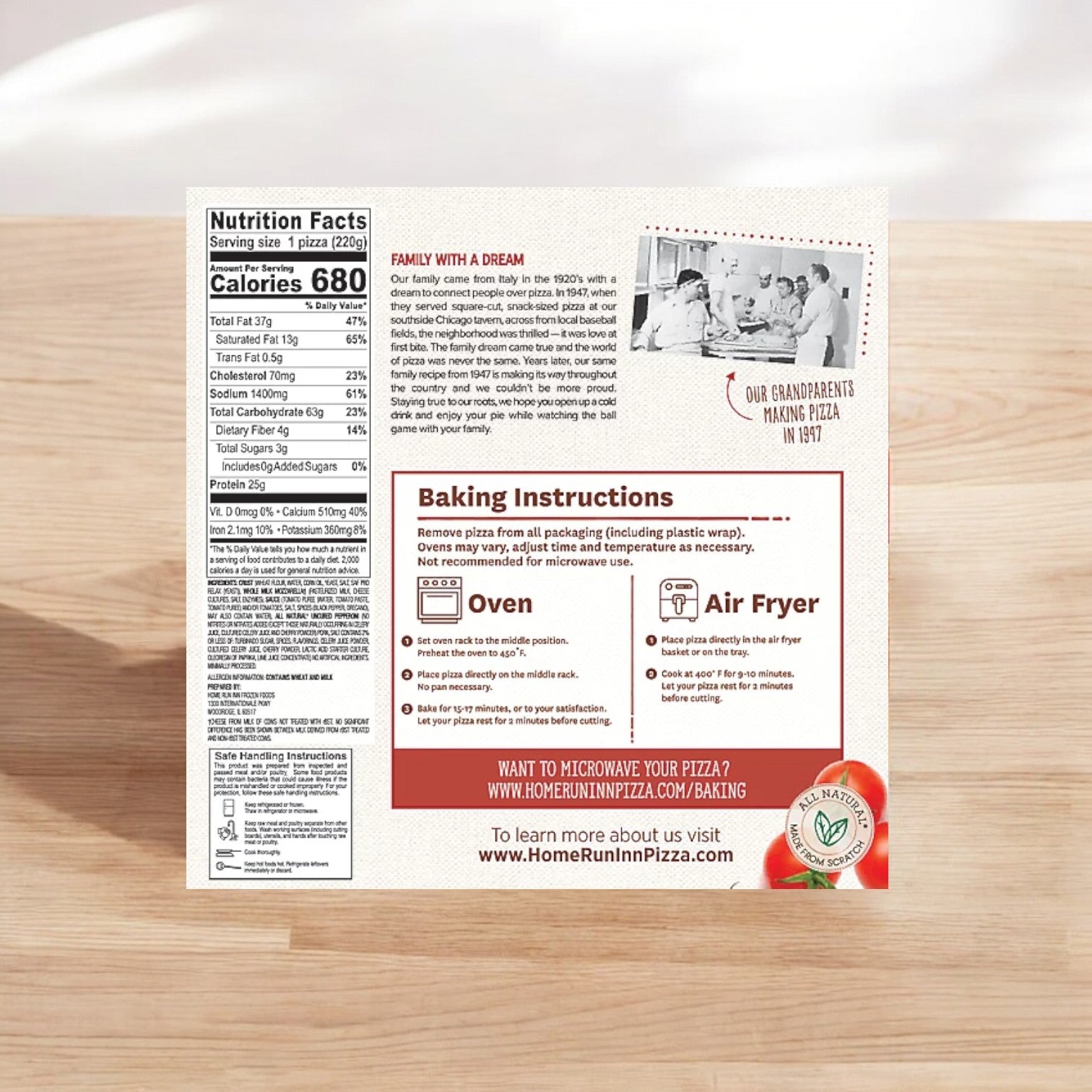 Discover the Home Run Inn Classic Crust Min Frozen Pizza Uncured Pepperoni, weighing 7.75 oz and available in a single count. The back of the box showcases nutrition facts, baking instructions, and an inspiring family historical photo. Experience the mouthwatering taste of uncured pepperoni in this convenient size, ideal for effortless meal planning that retains both flavor and family tradition.