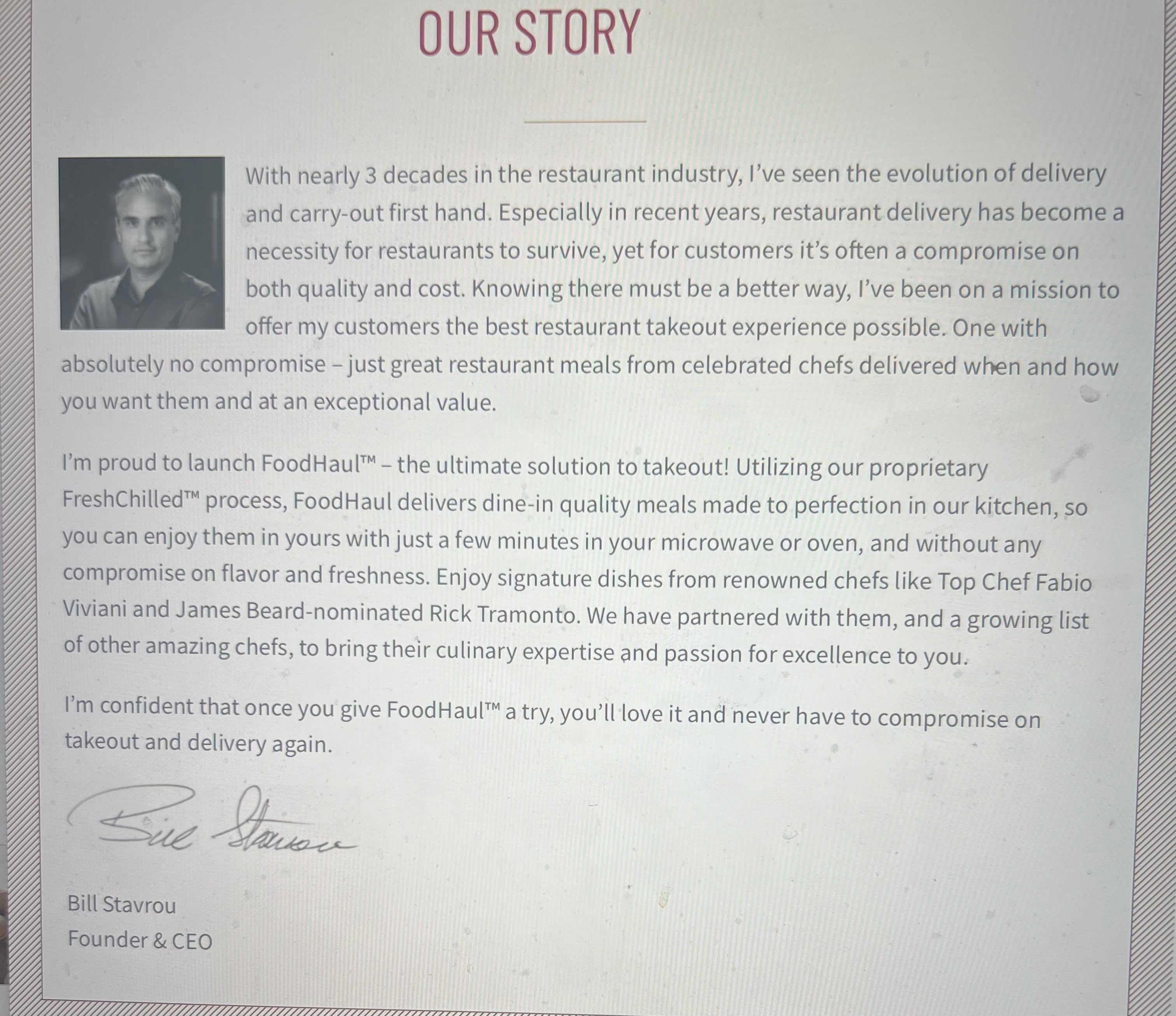 An image labeled "Our Story" outlines a restaurant's mission to deliver high-quality, uncompromised food, showcasing items crafted by renowned chefs, such as our celebrated FoodHaul Spicy Rigatoni in creamy tomato sauce. This is endorsed by the founder, Bill Stavrou.