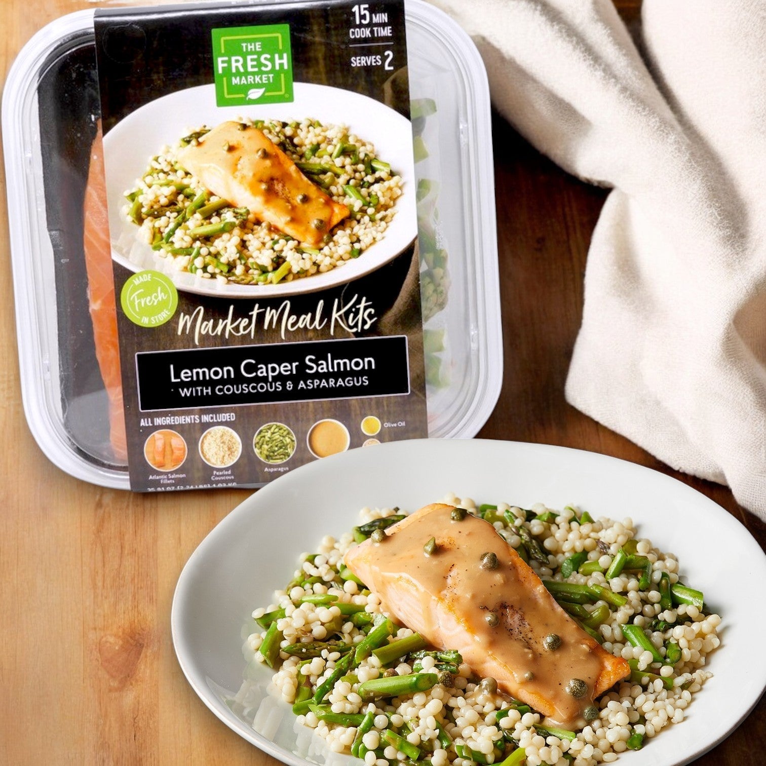 Experience The Fresh Market's 36 oz Lemon Caper Salmon with Couscous & Asparagus Meal Kit. Savor premium Atlantic salmon for an exceptional dining experience.