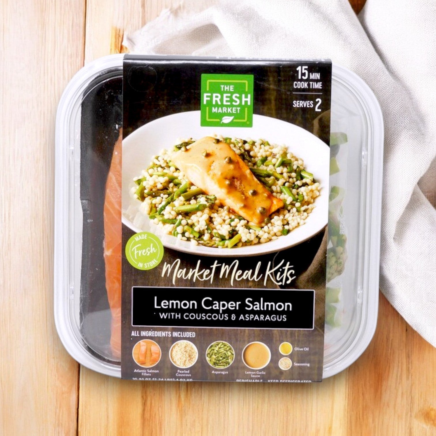 Try the Fresh Market Lemon Caper Salmon with Couscous & Asparagus Market Meal Kit, featuring Atlantic salmon. Enjoy a gourmet meal for two in just 15 minutes with all ingredients included for convenience. Total weight: 36 oz.
