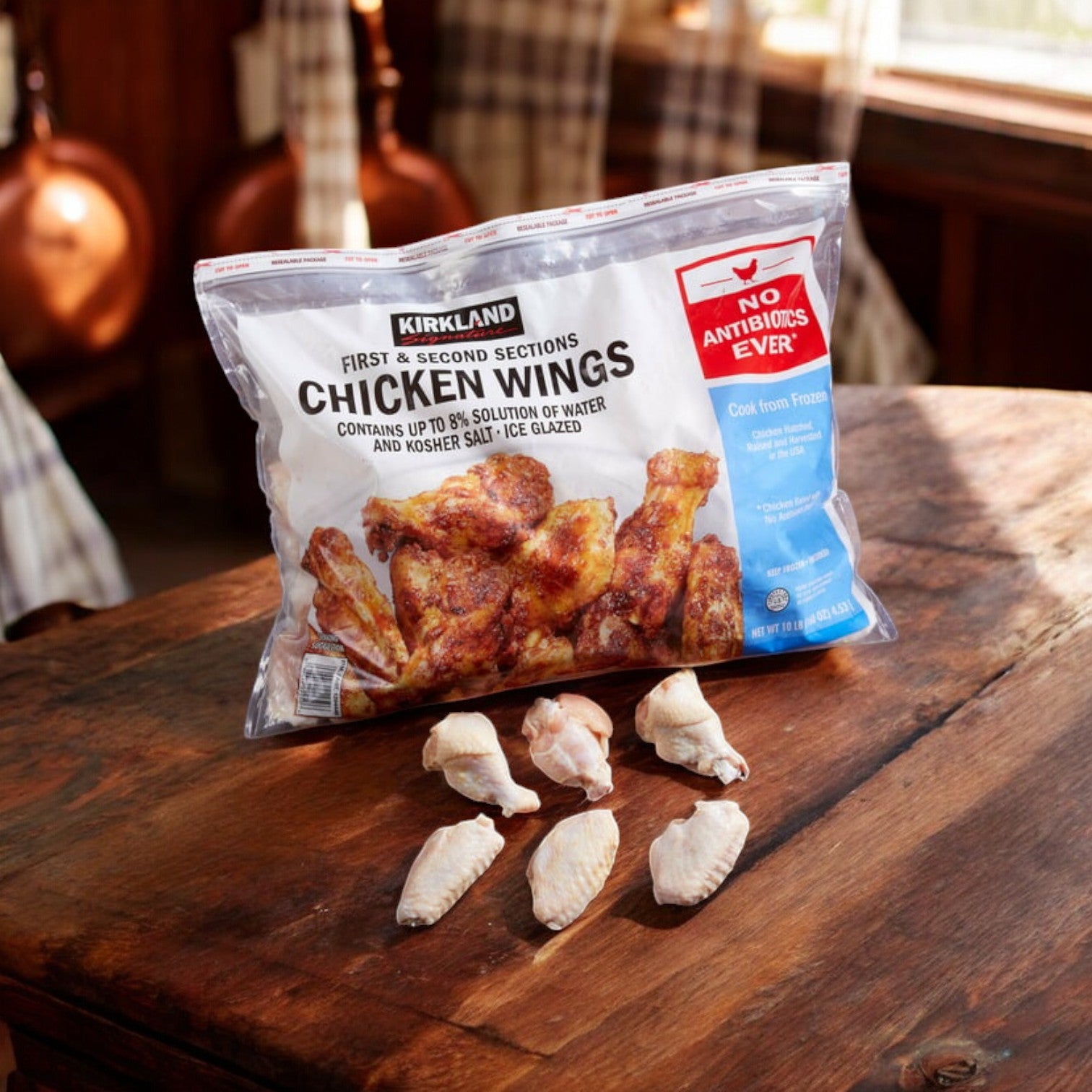 A 10-lb bag of Kirkland Signature Chicken Wings rests on a wooden table with five raw wings in front, the packaging highlighting "No Antibiotics Ever" and versatile cooking options, showcasing the brand's dedication to quality and delicious meals.