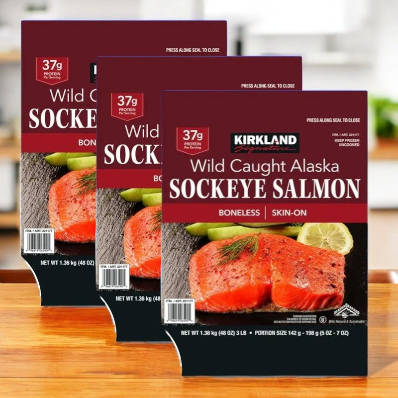 Three Kirkland Signature Wild Sockeye Salmon packages, boneless and skin-on, provide the wild-caught quality you desire, offering 37g of protein per serving and a rich source of Omega-3 Fatty Acids for a healthy lifestyle.