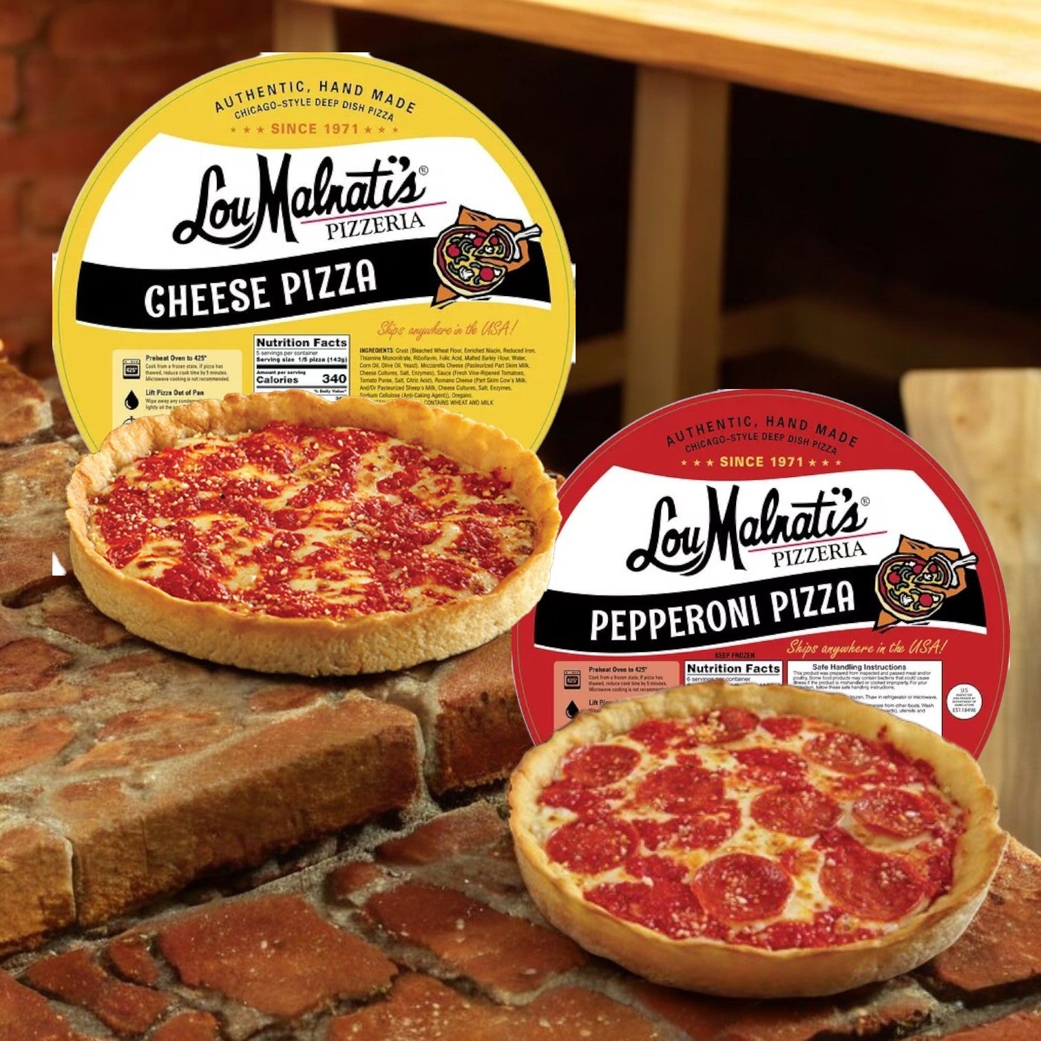 Lou Malnati's Deep Dish Combo- 2 Pack Combo! presents the essence of Chicago-style pizza, with cheese and pepperoni pizzas arranged on a rustic brick surface.