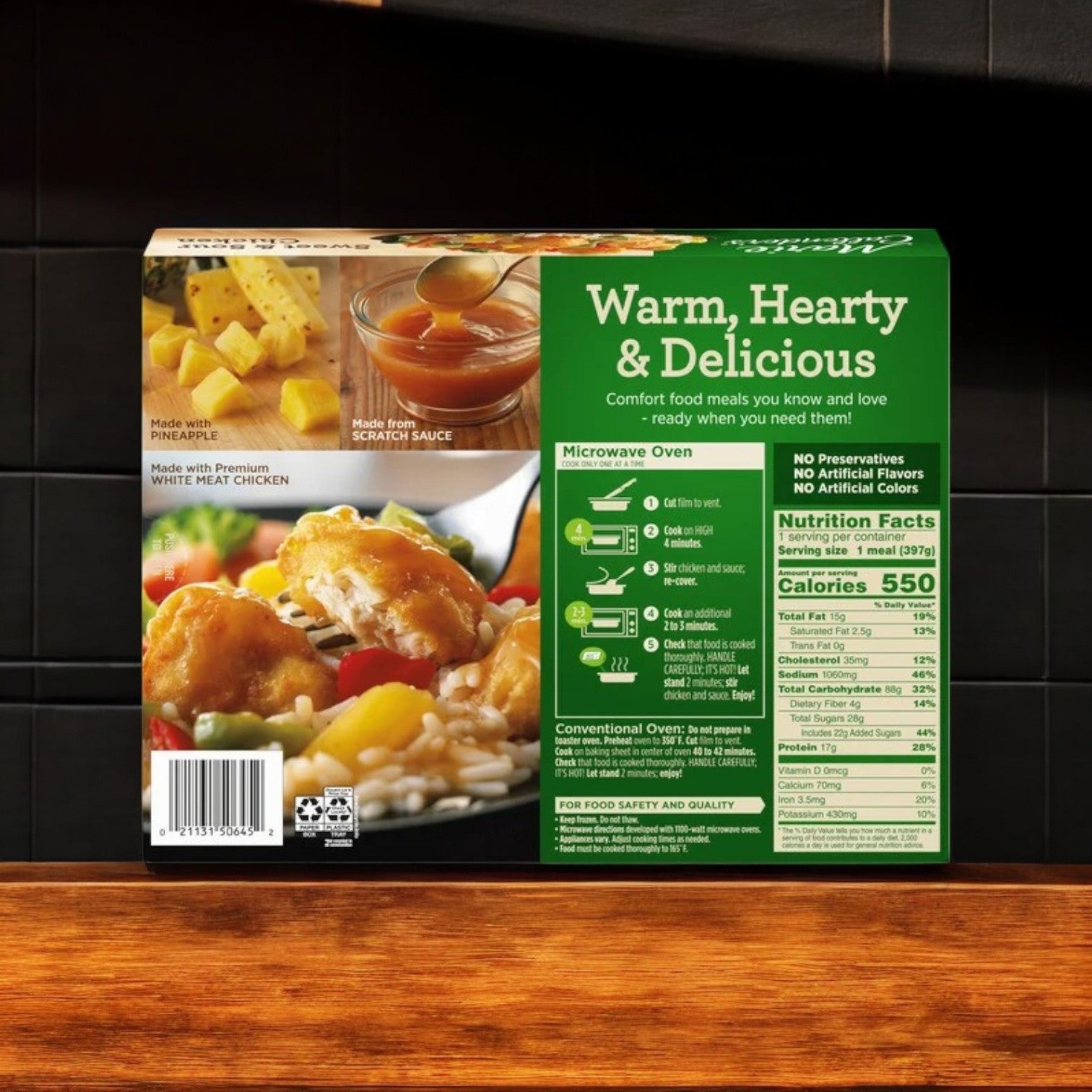 This Asian-inspired frozen meal, Marie Callender's Sweet & Sour Chicken Frozen Meal (14 oz.), offers a delicious serving of Sweet & Sour Chicken accompanied by rice and vegetables. The packaging emphasizes that it contains no preservatives and comes with a delightful sauce. Nutritional information is clearly displayed on the back, making it a convenient and wholesome choice for any meal occasion.
