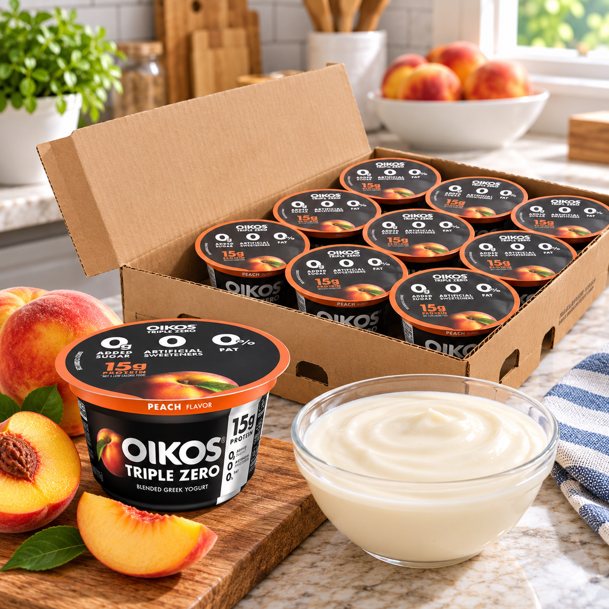 Oikos Triple Zero Peach Nonfat Greek Yogurt – 12 × 5.3 oz Cups 1 case