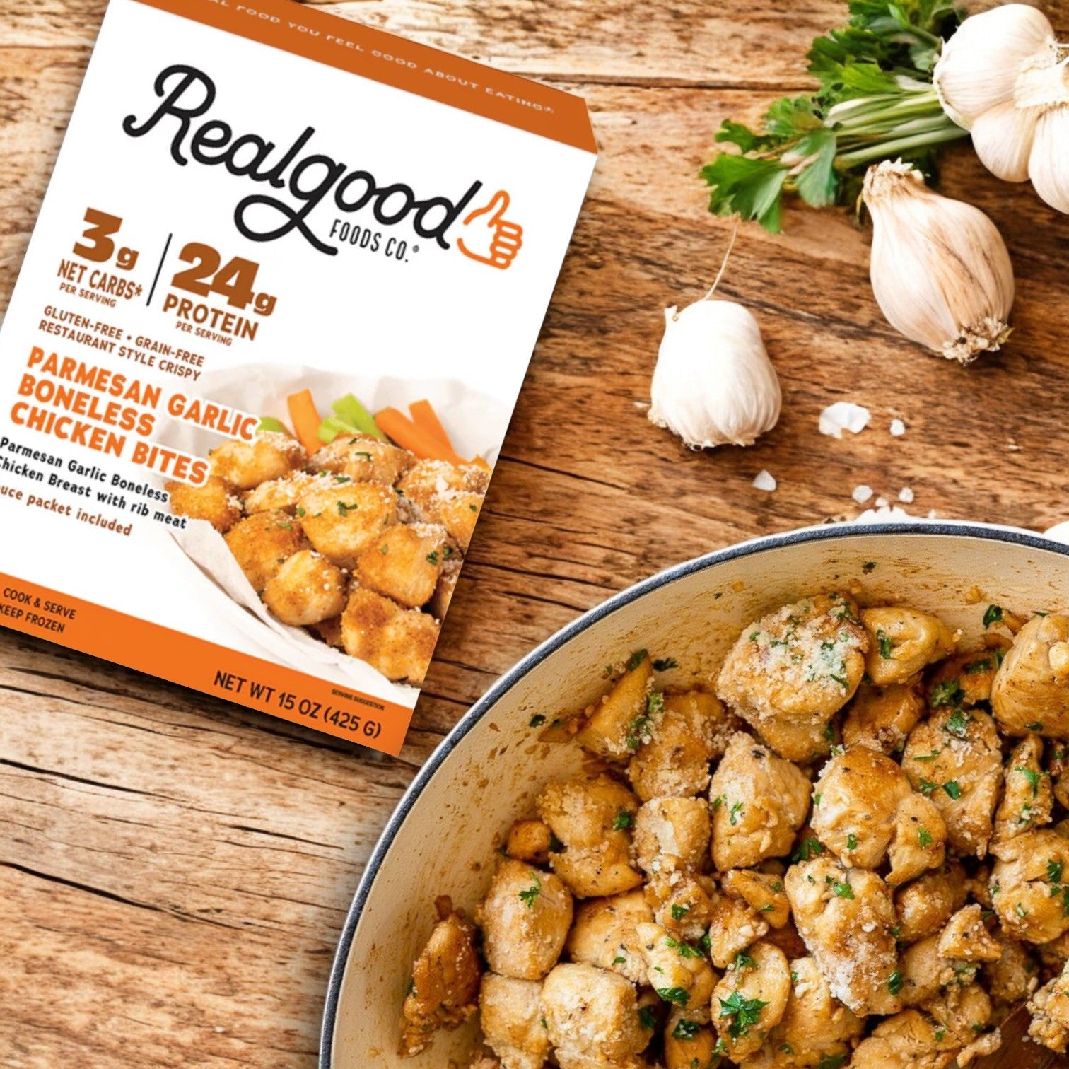 Real Good Foods Low Carb Parmesan Garlic Boneless Chicken Bites – High-Protein, Gluten-Free (15 oz.)